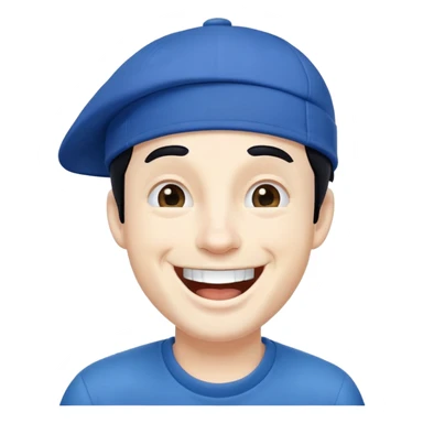 man with black hair and white skin wearing a blue cap hat, laughing sticker