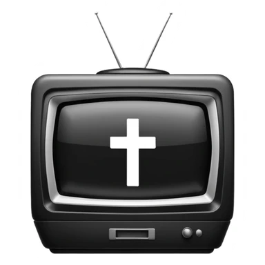 Minimalist emoji-style sticker of a CRT TV in the shape of a coffin, with a cross or static noise on the screen. Desaturated design.  sticker