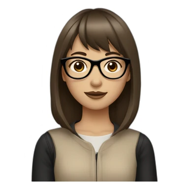 a girl with medium-length brown hair and straight bangs and brown eyes wearing black glasses and beige clothes reminding a fish in its style sticker