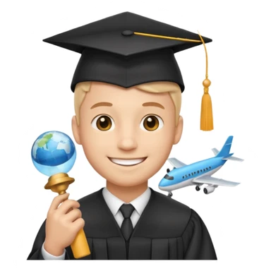 emoji man student at university with graduation cap and airplane, happy, white background sticker