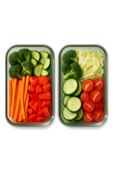 verdure tagliate e sistemate in due schiscette di vetro viste dall'alto, iperrealistico 4k sticker