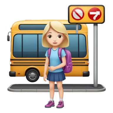 girl standing at a bus stop with a backpack sticker