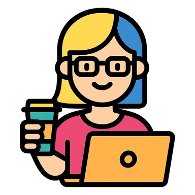 A girl with blonde hair and blue hair wearing glasses holds a laptop and a glass of coffee sticker
