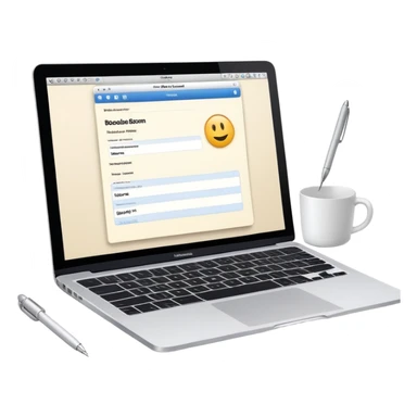 online booking system on MacBook screen next to an old-style paper notebook with a pen sticker