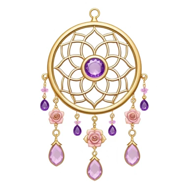 Epic beautiful gorgeous cute gold suncatcher, threads with shiny sparkly amethyst and rose-quartz gemstones, flowers,  sticker