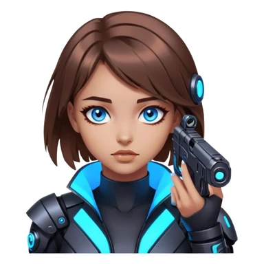 Neon cyberpunk style 
girl with brown hair and blue eyes 
shoots sticker