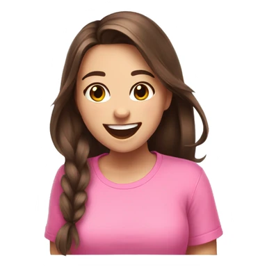 streamer girl with brunette hair laughing that is wearing a pink tshirt with a butterfly i sticker