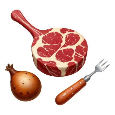 A raw red steak with visible marbling placed next to a small chicken drumstick. sticker