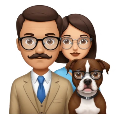 brunette man w wire glasses and mustache and brunette girl with bob and a brown pitbull boston terrier  sticker