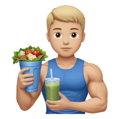 A young male person with a muscular, well-defined build. He has short dark blonde hair, a light skin tone, and a neutral facial expression. He wears blue cloth. He is holding a salad in one hand and a protein shake in the other. sticker