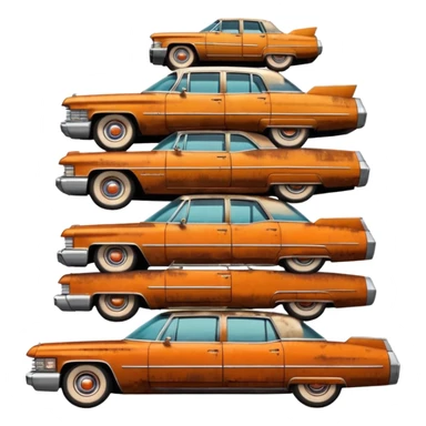 Cinematic realistic ultra HD - a pile of old vintage cadillac cars stacked in a pyramid sticker
