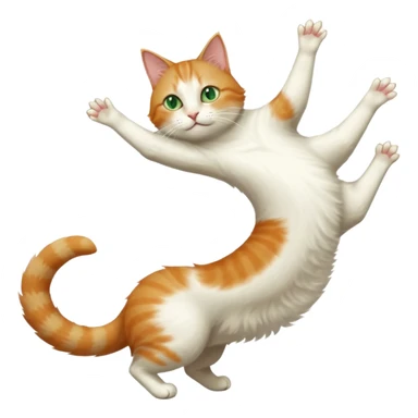 ginger and white cat with green eyes doing a big extremely long stretch reaching up into the air with arms and legs side by side together straight and overextended whilst lying on its side sticker