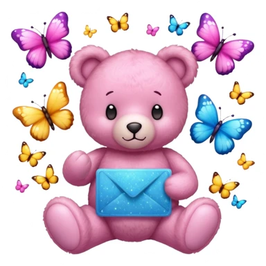 A pink teddy bear holding a sign and surrounded by butterflies and sparkles. sticker