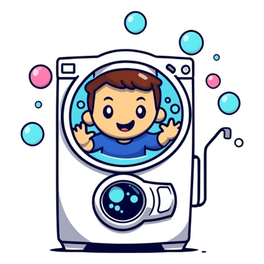 a person experiencing whiplash, spinning inside a washing machine, dizzy expression, bubbles and swirling motion sticker