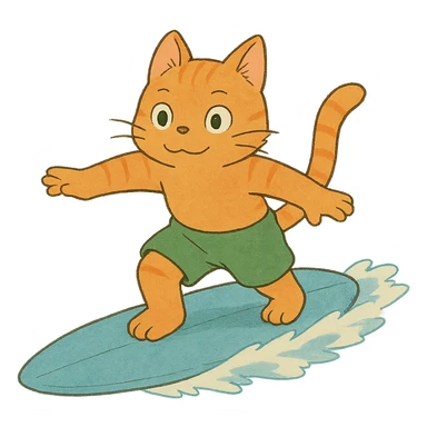ghibli style orange cat with green shorts surfing sticker