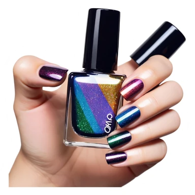 Realistic rainbow effect glitter shimmery nail polish, translucent bottle, black color top lid sticker