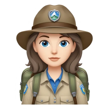 white woman park ranger with gray and brown hair, blue eyes, wearing a backpack sticker