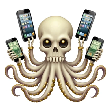 satanic octopus skeleton. Evil looking eyes, wearing a gold necklace. 2 tentacles are holding their own cellphones with one held up to its ear, 2 other tentacles are holding stacks of money sticker