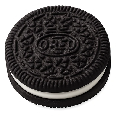 Make the sandwich cookie look even more like an Oreo: two very dark chocolate wafers with detailed, classic Oreo-style embossed pattern, thick white cream layer in between, clean edge, slight gloss on the cream. No bite, no packaging, just the whole cookie. Apple emoji style, soft lighting, subtle shadows, emoji scale. Transparent background. sticker