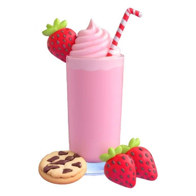 3D style strawberry milkshake with pink hue and cherry on top, glass with chocolate drizzle, cookie on the rim sticker