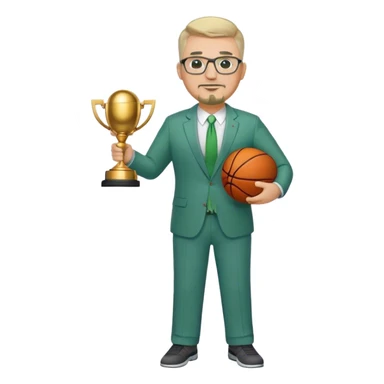 Full Body white male plus size wearing glasses with a goatee with light blonde and gray very short hair happy basketball head Coach in blue and green suit holding trophy sticker