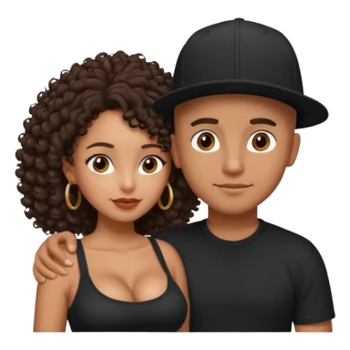 A picture of a tanned couple embracing. the guy is Mexican, with a bald hair cut and he has a SnapBack hat on. The girl is mixed, the girl is wearing a black shirt, the girl has brown curly big hair and the girl has big boobs  sticker