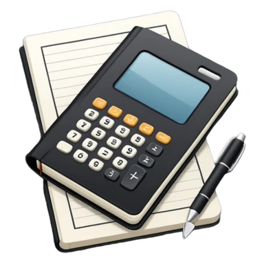 Minimalistic flat vector icon, iOS style, thin black contour on white background. Small black notebook with visible binding, placed next to a calculator. Clean, modern, no text, no shadows. sticker