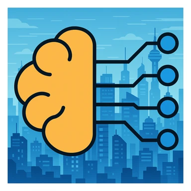 Add a futuristic city background, keep the brain with circuit lines as the main subject, maintain color outline style sticker