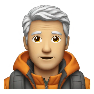 young gray-haired white man with an orange down jacket sticker