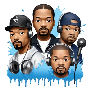Icon for Rap Music: collage of rap legends—Snoop Dogg, Ice Cube, Dr. Dre, and 50 Cent. Iconic elements include microphones, headphones, and urban street elements like graffiti. Bold, energetic vibe with a hip-hop style. Transparent background. sticker