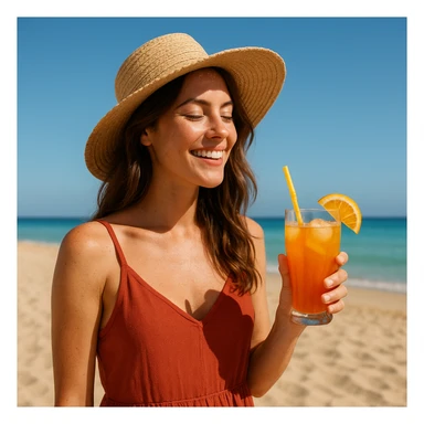 take this picture of a woman and make it  beach photo with drink sticker