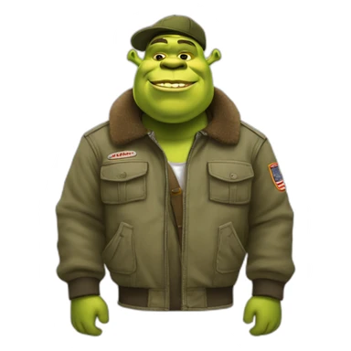 Shrek in cargo pants, bomber jacket and hat sticker