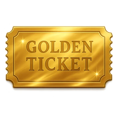 a shiny golden ticket, reflective and luxurious, glossy finish, embossed details, sparkles and shine sticker