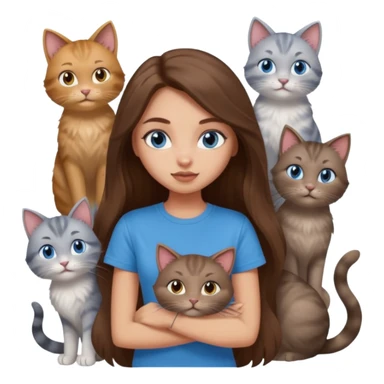 a pretty bratz dusky light skin girl with long brown hair, blue eyes with six cats nd wearing a grey tshirt sticker