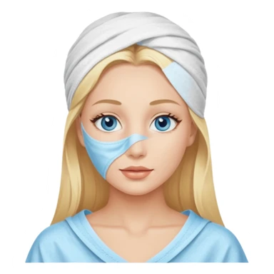 blonde with blue eyes wearing a spa sheet mask sticker