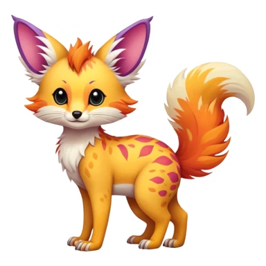 Feral Rare Fantasy vibrant colorful tropical cute, kawaii, cool, ed Vernid-Trico-species by LiLaiRa, random markings, tufted tail, tufted ears, full body, cheek markings sticker