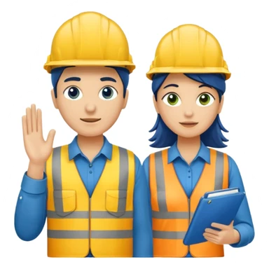 Um homem e uma mulher amarelos com capacete de obras ambos azul escuro e camisa social cinza com faixas refletivas verdes nos braços, Um deles deve estar segurando um megafone de avisos sticker