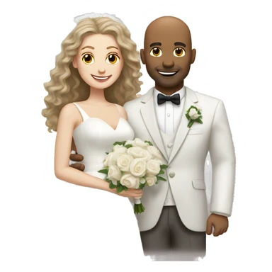 White bald man and his whitewife with long, brown, curly hair on their wedding day sticker