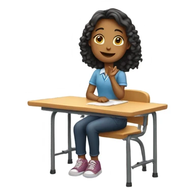 A girl with a raised hand at a desk at school  sticker