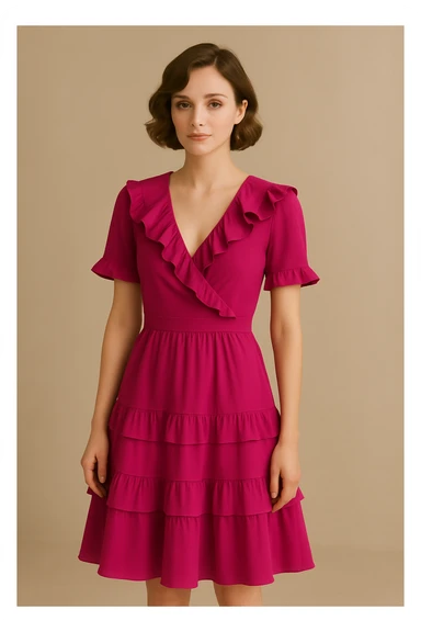 Change the pink dress to a vibrant fuchsia with ruffles, keep the rest of the look the same, bold and stylish style. sticker
