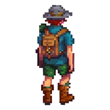 pixel art hiker with a hat and boots walking in nature sticker