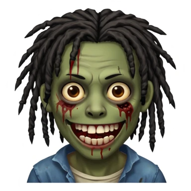zombie with brown skin, messy black dreads hair, wide centered brown eyes, dark bloody marks under the eyes, and a smile showing grillz, giving a distressed, undead look. sticker