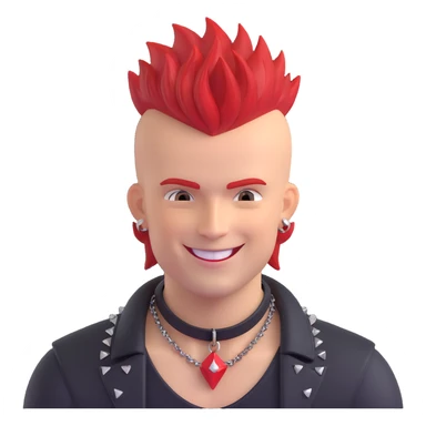 white man rock singer with red mohawk hair, studded leather necklace, rebellious style, smiling sticker