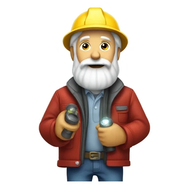 Old diamond miner with a big white beard, dynamite in his hand, red jacket, jeans, yellow helmet with flashlight sticker