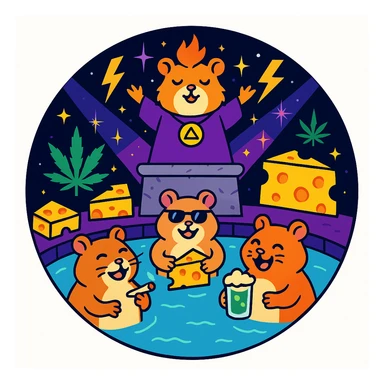 discord server icon, circular, centered composition of a hamster cult weed and cheese pool party at night, 80s glam rock style, sparkling effects, lightning bolts, space stage sticker