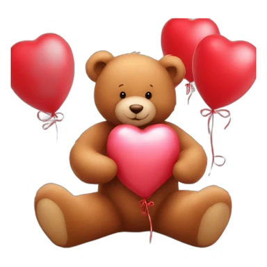 Very soft and tender teddy bear surrounded by red balloons and huge red hearts sticker