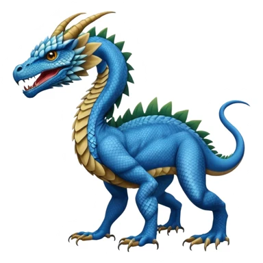 Mušḫuššu, ancient Mesopotamian hybrid: blue scaled body, lion forelegs, eagle hind legs, long neck, horned dragon head, lizard tail sticker