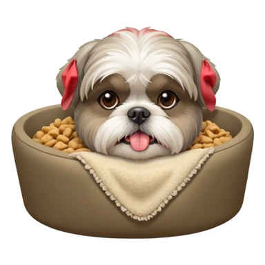 old ALL grey shih tzu in dog bed tongue hanging out bowl of food in front sticker