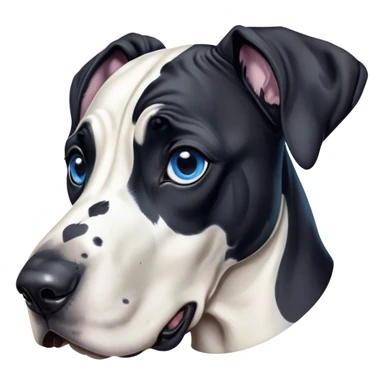 Cinematic Cute Harlequin Great Dane Portrait Emoji, Head tilted playfully and inquisitively, featuring a glossy coat of predominantly white with dynamic black patches, round, sparkling blue eyes filled with gentle curiosity, Simplified yet irresistibly adorable features, highly detailed, glowing with a warm, friendly glow, high shine, affectionate and gentle, stylized with a touch of whimsy, bright and endearing, soft glowing outline, capturing the essence of a mischievous yet loving pup, so playful it feels like it could lumber out of the screen and into your arms! sticker