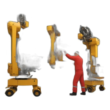 a team of two assembly men, disassembling industrial machinery in red uniforms, with a portico sticker